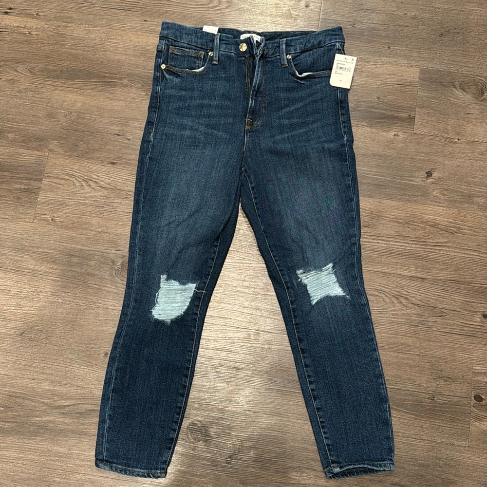 NWT Good American Dark Blue Ankle Cropped Jeans with Distressed Knees